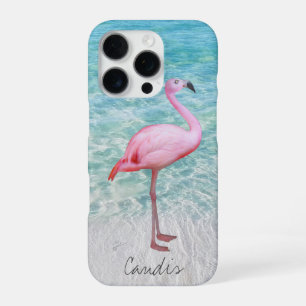 Funda Para iPhone 16 Pro Flamenco Rosa Playa Tropical Moderna Agrega Tu Nom