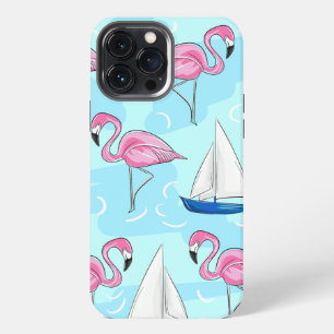 Funda Para iPhone 13 Pro Max Flamenco Rosa Tropical Barco de Vela Azul Preppy