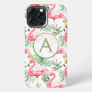 Funda Para iPhone 13 Pro Max Flamenco Tropical Colorido y Hojas P y Monograma