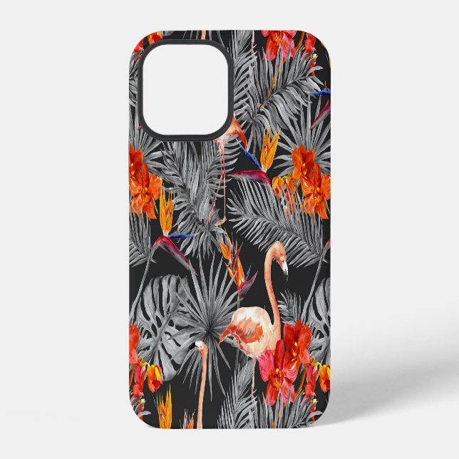 Funda Para iPhone Flamenco y flores, patrón monocromo. (Reverso )