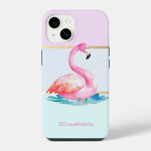 Funda Para iPhone Flamencos rosados con rayas pastel modernas (Reverso )