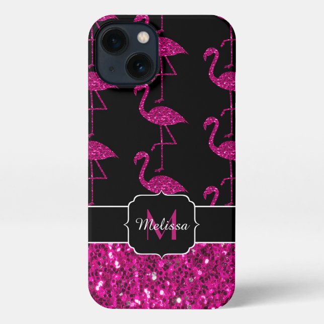 Funda Para iPhone Flamingo faux chismes patrón negro Monograma (Reverso )