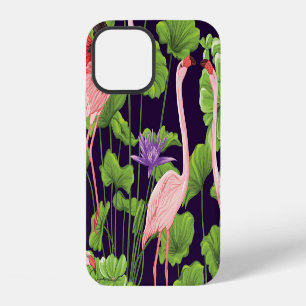 Funda Para iPhone 12 Flamingo, plantas tropicales, fondo negro.