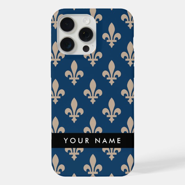 Funda Para iPhone Fleur de Lis, Beige on Navy Blue, Royal, Your Name (Reverso )
