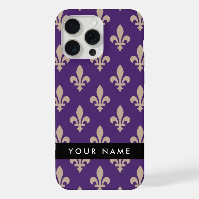 Funda Para iPhone Fleur de Lis, Beige on Purple, Royal, Your Name (Reverso )
