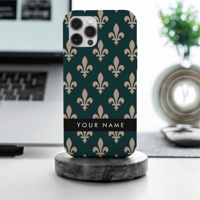Funda Para iPhone Fleur de Lis, beige sobre verde, real, su nombre (Subido por el creador)