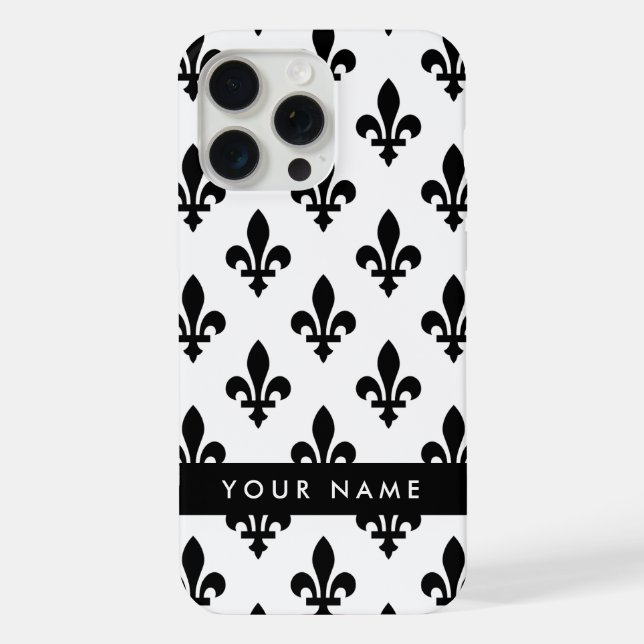 Funda Para iPhone Fleur de Lis, Black on White, Black, Your Name (Reverso )