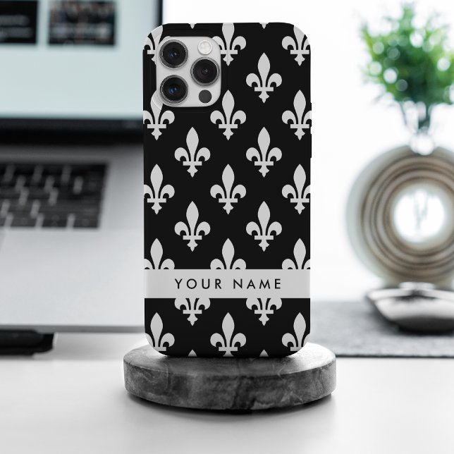 Funda Para iPhone Fleur de Lis, Blanco sobre Negro, Blanco, Tu Nombr (Subido por el creador)