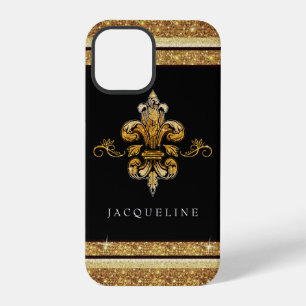 Funda Para iPhone 12 Pro Fleur de Lis Dorado Brillo Negro Elegante Francés
