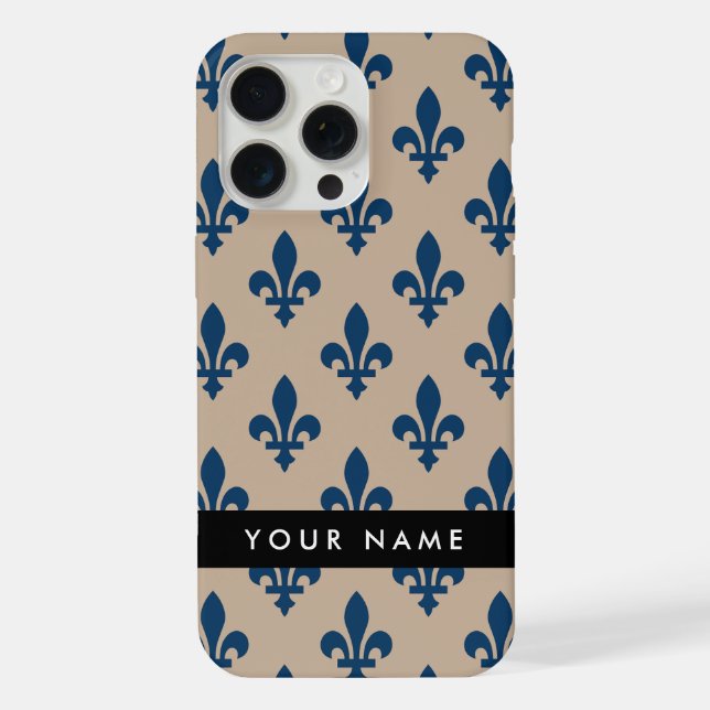 Funda Para iPhone Fleur de Lis, Navy Blue on Beige, Royal, Your Name (Reverso )