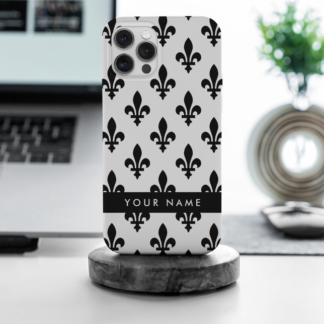 Funda Para iPhone Fleur de Lis, Negro sobre Blanco, Negro, Tu Nombre (Subido por el creador)