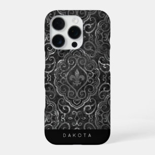 Funda Para iPhone 16 Pro Fleur de Lis Vintage   Grunge de Damasco Plateado 