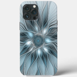 Funda Para iPhone 13 Pro Max Flor abstracta alegre azul gris fractal floral