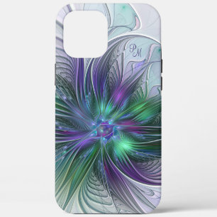Funda Para iPhone 12 Pro Max Flor Abstracta Arte Fractal Iniciales Verde Púrpur