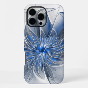 Funda Para iPhone 16 Pro Max Flor abstracta de arte fractal en acuarela gris az