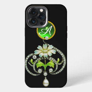 FUNDA PARA iPhone 13 PRO MAX FLOR DE ESMALTE BLANCO, PERLAS Y MONOGRAMA DE DIAM