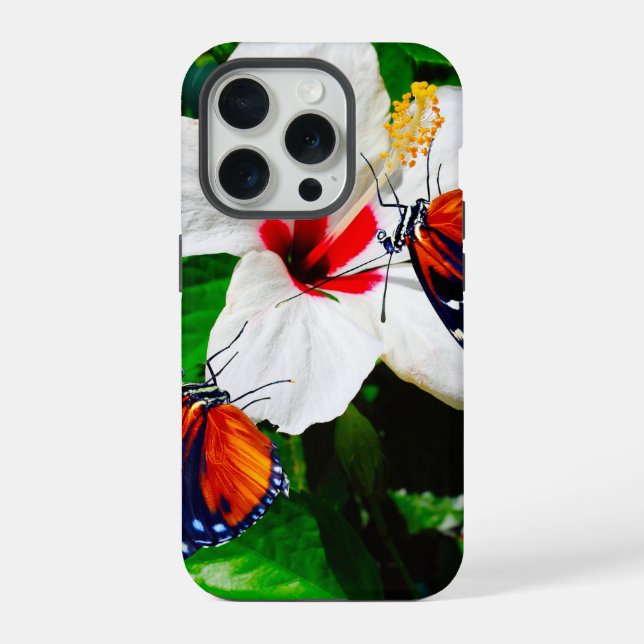 Funda Para iPhone Flor de Hibisco con 2 mariposas Tigre Longwing (Reverso )