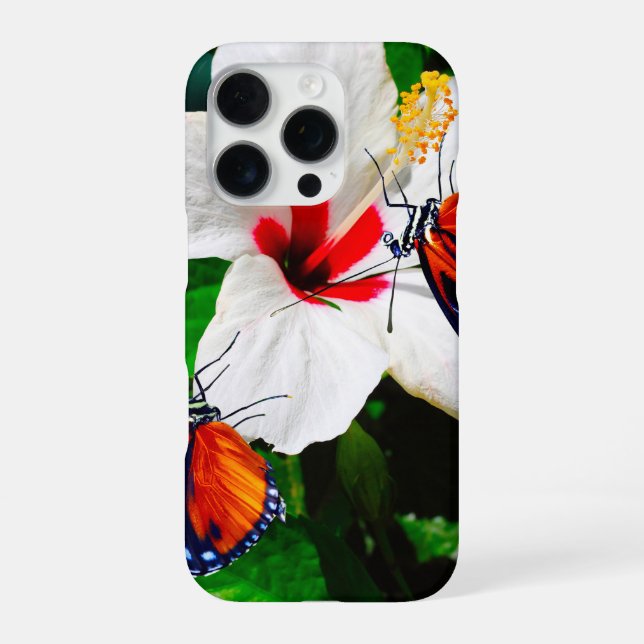 Funda Para iPhone Flor de Hibiscus con 2 mariposas tigre de largo (Reverso)