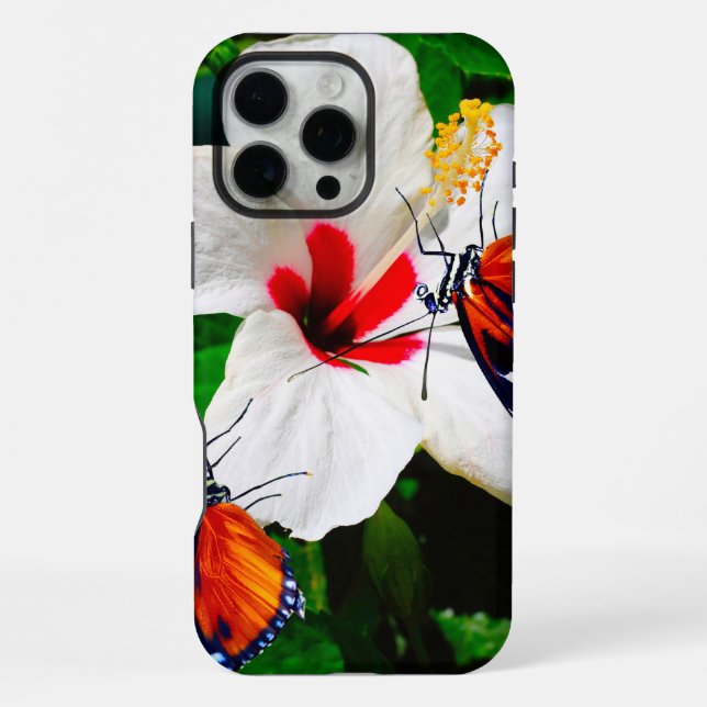 Funda Para iPhone Flor de Hibiscus con 2 mariposas tigre de largo (Reverso )