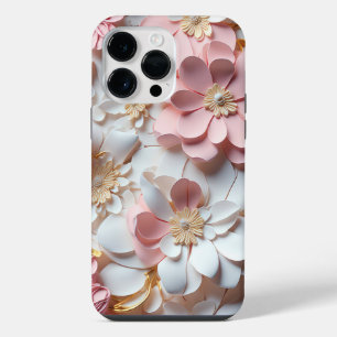 FUNDA PARA iPhone 14 PRO MAX FLOR DE PAPEL ROSA Y BLANCO CON EFECTO 3D