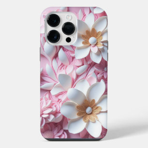FUNDA PARA iPhone 14 PRO MAX FLOR DE PAPEL ROSA Y BLANCO CON EFECTO 3D