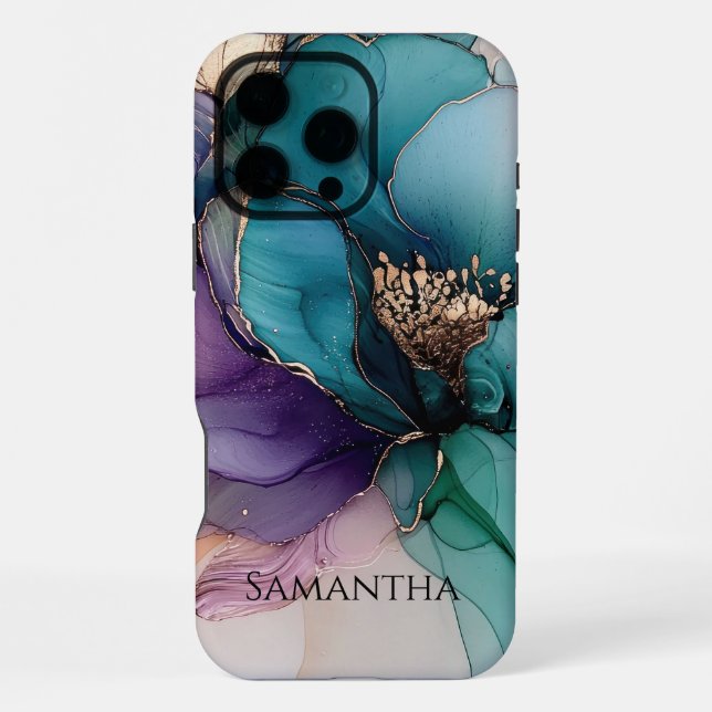 Funda Para iPhone Flor Dorada Turquesa Púrpura (Reverso )