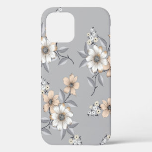 Funda Para iPhone 12 flor gris y blanco Patrón sobre fondo gris