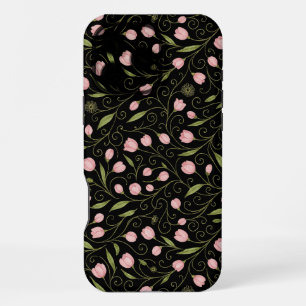 Funda Para iPhone 16 Pro Max Flor linda y rosa sobre negro con patrón repetitiv