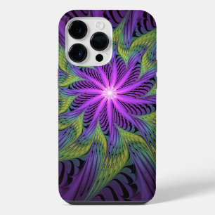 Funda Para iPhone 14 Pro Max Flor moderna abstracta arte fractal verde púrpura