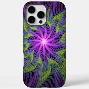Funda Para iPhone 16 Pro Max Flor moderna abstracta arte fractal verde púrpura