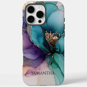 Funda Para iPhone 16 Pro Max Flor morada turquesa dorada