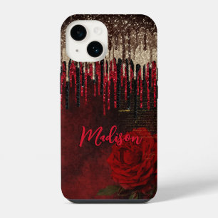 Funda Para iPhone 14 Flor roja chic con monograma de oro y brillo