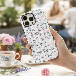 Funda Para iPhone 16 Pro Max Flor rosa estilizada Mariposa azul Patrón elegante