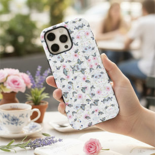 Funda Para iPhone 16 Pro Max Flor rosa estilizada Mariposa azul Patrón elegante