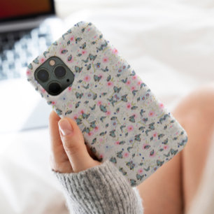 Funda Para iPhone 13 Pro Flor rosa estilizada Mariposa azul Patrón elegante