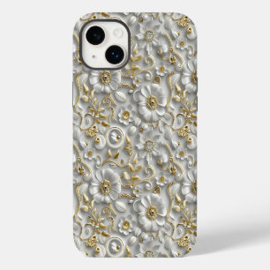 Funda Para iPhone 14 Plus Flora de Flora 3D decorativa de oro blanco
