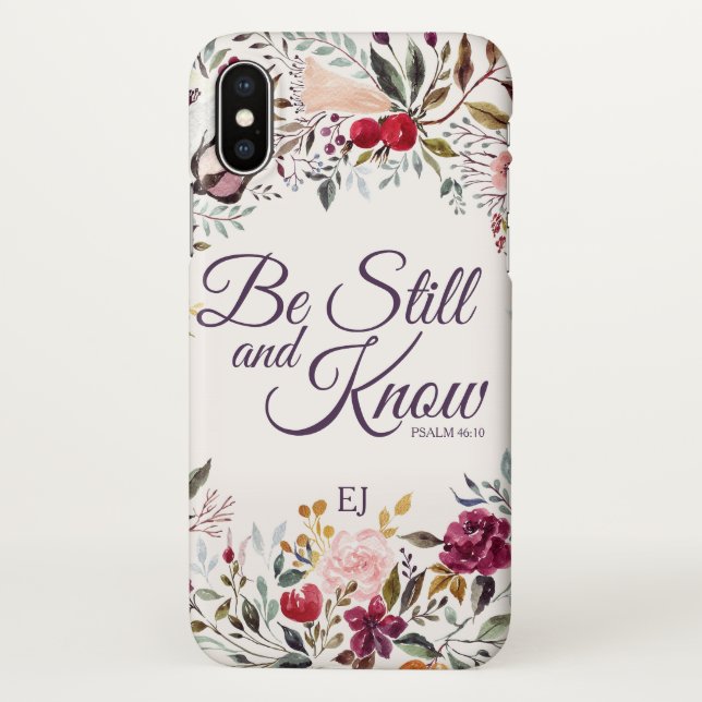 Funda Para iPhone Floral acuarela Be Still Psalm Monograma (Reverso)