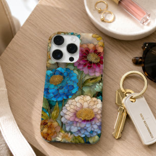 Funda Para iPhone 16 Pro Floral de Vidrio Emplomado Rosa y Azul Brillante