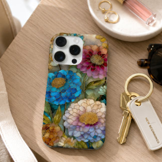Funda Para iPhone 16 Pro Floral de Vidrio Emplomado Rosa y Azul Brillante