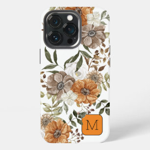 Funda Para iPhone 13 Pro Floral femenino bonito con borde naranja inicial