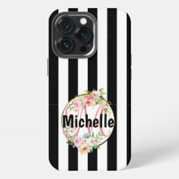 Funda Para iPhone 13 Pro Floral Rosa Chic Monograma Rayas Negras y Blancas