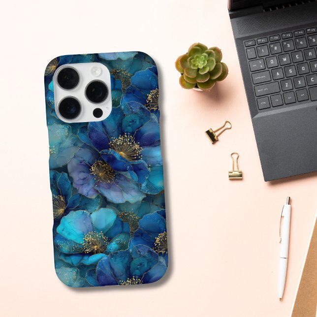 Funda Para iPhone Florales abstractos acuarela azul oro (Blue gold watercolor floral abstract iPhone case. Available for all current iPhone case sizes)