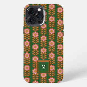 Funda Para iPhone 13 Pro Max Florales vintage, rosa sobre verde retro