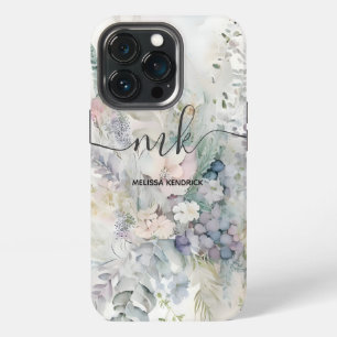 Funda Para iPhone 13 Pro Flores abstractas Monograma de nombre en tonos pas
