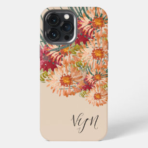 Funda Para iPhone 13 Pro Max Flores Acuarela en Melocotón Monograma Dorado