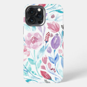 Funda Para iPhone 13 Pro Max Flores Acuarela Rosadas Turquesas y Azules de Prim