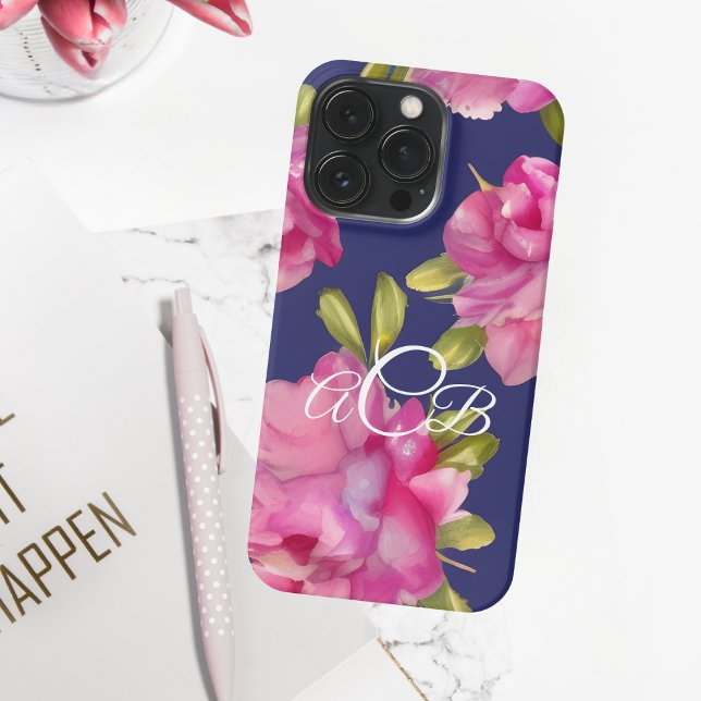 Funda Para iPhone Flores acuáticas monográficas rosadas y marinas (Subido por el creador)