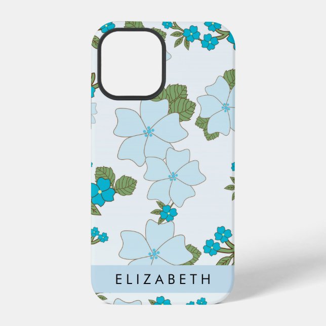 Funda Para iPhone Flores Azules, Patrón De Flores, Tu Nombre (Reverso )