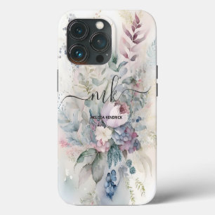 Funda Para iPhone 13 Pro Flores Botánicas Monograma Nombre Pastel Vintage