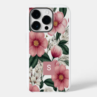 Funda Para iPhone 14 Pro Flores botánicas rosadas modernas monogramadas